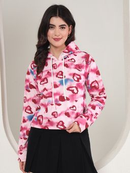 Tandul - Women Pink Hooded Printed Full Sleeves Hoodie