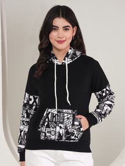 Tandul - Women Black Hooded Printed Full Sleeves Hoodie