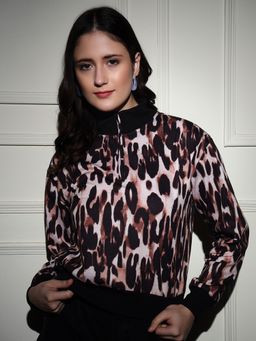 Tandul - Women Brown High Neck Animal Print Full Sleeves Sweatshirt