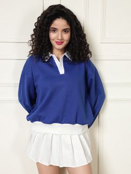 Tandul - Navy Blue Collar Neck Solid Full Sleeves Sweatshirt