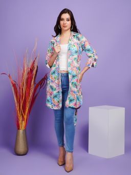 BOHOLYFE - Polyester Green Floral Collar Neck Shrug with Belt