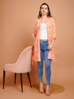 BOHOLYFE - Polyester Orange Floral Collar Neck Shrug with Belt