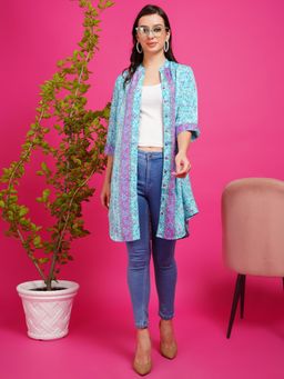 BOHOLYFE - Polyester Teal Floral Mandarin Neck Shrug