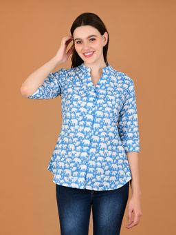 BOHOLYFE - Women Blue Cotton Mandarin Neck Printed Shirt