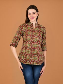 BOHOLYFE - Women Maroon Cotton Mandarin Neck Floral Shirt