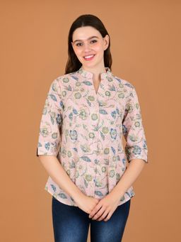 BOHOLYFE - Women Pink Cotton Mandarin Neck Floral Shirt