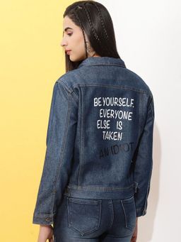 Freehand - Women Cotton Blue Typography Collar Neck Jacket