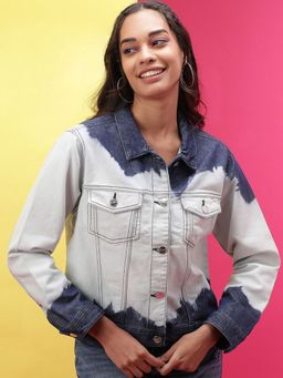 Freehand - Women Cotton Blue Tie & Dye Collar Neck Jacket