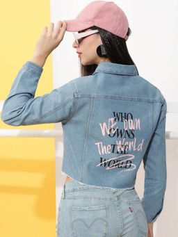 Freehand - Women Cotton Blue Typography Collar Neck Jacket