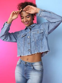 Freehand - Women Cotton Blue Graphic Collar Neck Jacket