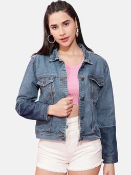 Freehand - Women Cotton Blue Colorblock Collar Neck Jacket