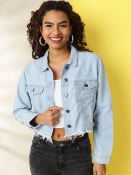 Freehand - Blue Women Cotton Solid Collar Neck Jacket