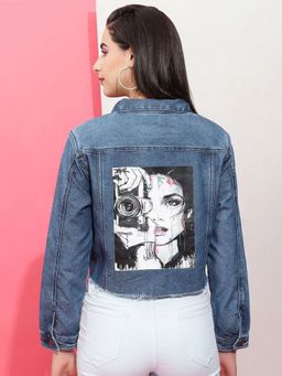 Freehand - Women Cotton Blue Graphic Collar Neck Jacket