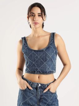 Calvin Klein - Blue Round Neck Self Design Sleeveless Top