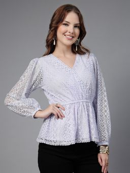 Style Quotient - Lavender V-Neck Embroidered Puff Sleeves Top