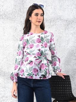 CRIMSOUNE CLUB - Multi-Color Crew Neck Floral Full Sleeves Top