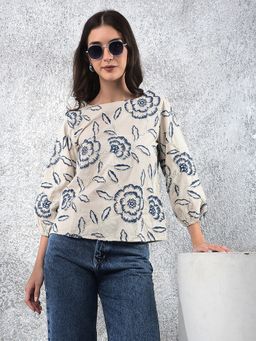 CRIMSOUNE CLUB - Beige Round Neck Floral Three Fourth Sleeves Top