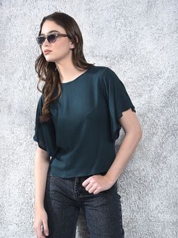 CRIMSOUNE CLUB - Teal Round Neck Solid Flared Sleeves Top