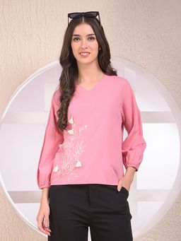 CRIMSOUNE CLUB - Pink V-Neck Embroidered Three Fourth Sleeves Top