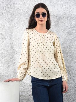 CRIMSOUNE CLUB - Off White Round Neck Polka Dots Full Sleeves Top