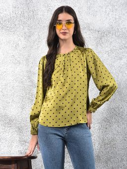 CRIMSOUNE CLUB - Olive Round Neck Polka Dots Full Sleeves Top