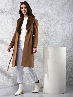 CRIMSOUNE CLUB - Women Brown Notched Lapel Overcoat with Belt