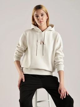 Calvin Klein - White Hooded Solid Full Sleeves Hoodie