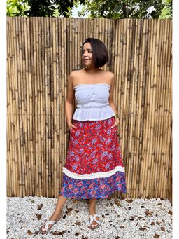 Label Tanvee - Red and Blue Paisley Frill Midi Skirt