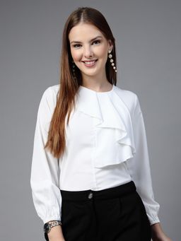 Style Quotient - White Round Neck Solid Full Sleeves Top