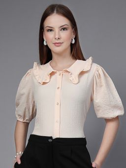 Style Quotient - Women Textured Peach Slim Fit Casual Shirt