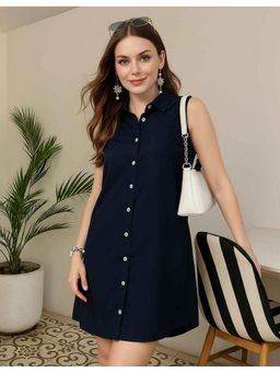 Style Quotient - Women Solid Navy Blue Shirt Mini Dress