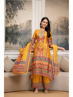 BERRYLICIOUS - Printed and Embroidered Asymmetric Mustard Kurta with Pant and Dupatta