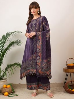 BERRYLICIOUS - Printed and Embroidered Asymmetric Purple Kurta with Pant and Dupatta