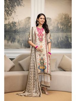 BERRYLICIOUS - Printed and Embroidered Asymmetric White Kurta with Pant and Dupatta