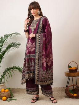 BERRYLICIOUS - Printed and Embroidered Asymmetric Wine Kurta with Pant and Dupatta