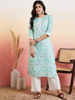 INDDUS - Women Straight Green Kurta with Pant