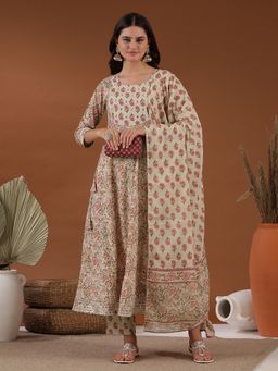 INDDUS - Women Gotta Detailed Beige Kurta with Pant and Dupatta