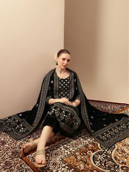 ISHIN - Rich Velvet Gold Print Straight Green Kurta with Pant and Dupatta