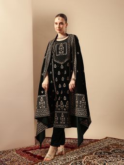 ISHIN - Rich Velvet Gold Print Straight Green Kurta with Pant and Dupatta