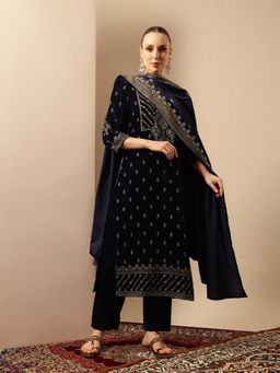 ISHIN - Rich Velvet Straight Navy Blue Kurta with Pant and Dupatta