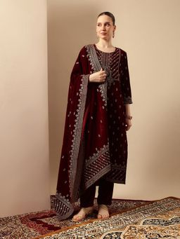 ISHIN - Rich Velvet Straight Maroon Kurta with Pant and Dupatta