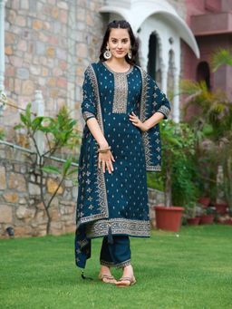 BERRYLICIOUS - Embroidered Navy Blue Kurta with Pant and Dupatta