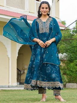 BERRYLICIOUS - Mirror Embroidered Teal Anarkali Kurta with Pant and Dupatta