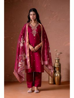 Juniper - Cherry Embroidered Red Kurta with Pant and Dupatta