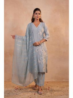 Juniper - Serenity Embroidered Grey Kurta with Pant and Dupatta