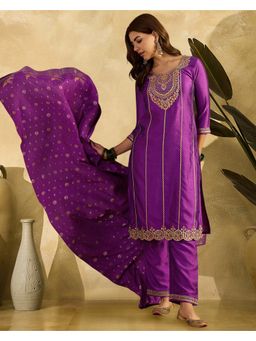 KVS FAB - Vichitra Zari Sequence Purple Kurta with Pant and Dupatta