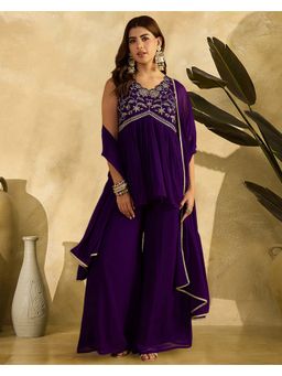 KVS FAB - Georgette Zari Sequence Purple Kurta with Palazzo and Dupatta
