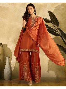 KVS FAB - Polly Chinon Zari Sequence Orange Kurta with Palazzo and Dupatta