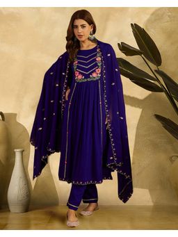 KVS FAB - Zomato Thread Embroidered Navy Blue Kurta with Pant and Dupatta