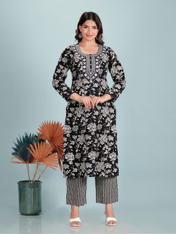 ARAMYA - Black Women Soft Cotton Straight Floral Print Kurta with Pant
